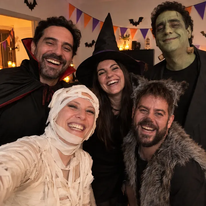 Friends at a Halloween party at home in homemade mummy, vampire, witch, werewolf and monster costumes